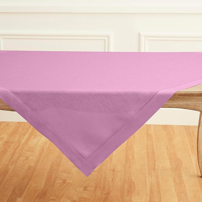 Solino Home Linen Tablecloth 52 x 52 Inch - 100% Pure Linen Violet Square Tablecloth - Classic Hemstitch, Machine Washable Table Throw