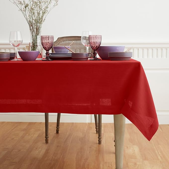 Solino Home Linen Red Tablecloth 60 x 108 Inch - 100% Pure Linen Rectangular Tablecloth - Machine Washable Table Cloth for Christmas, Holiday, Winter - Fete