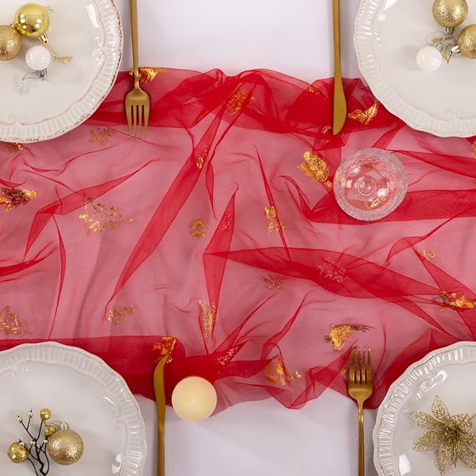 Socomi Christmas Tree Table Runner Gold Gauze Sheer Chiffon Cheesecloth Sequin 10FT Glitter Metallic Foil Dining Wedding Birthday Party Winter Holiday Centerpiece Table Decor 3pcs Red