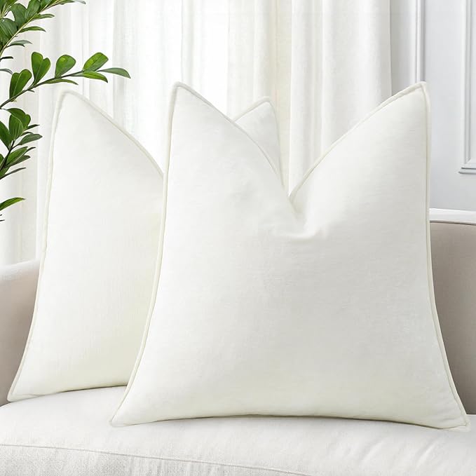decorUhome Christmas Couch Throw Pillow Covers 20x20 Set of 2, Decorative Soft Euro Velvet Neutral Chenille Pillow Covers with Elegant Design for Sofa Bed Living Room Home Decor, Cream White