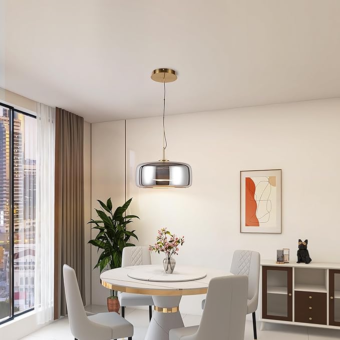 Modern Glass LED Pendant Light with Remote,15'' Stepless Dimmable & CCT Adjustable Hanging Height, 25W Modern Gold Finish for Dining Room, Living Room, Bedroom, Ash Gray
