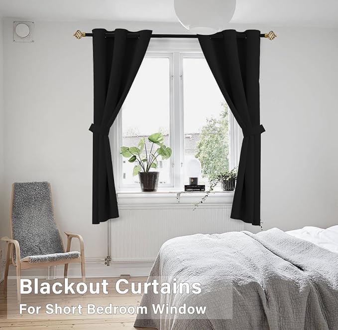 KOUFALL Halloween Curtains for Kitchen Bathroom,Short Sleep Out Blackout Drapes for Windows Over Sink,48 Inch Long,Black