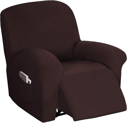 Flamingo P Stretch Recliner Chair Cover Recliner Cover for Electric/Manual Style | Furniture Cover for Reclining with Side Pocket, Soft Checked Jacquard Fabric Form Fitted Standard/Oversized - Brown