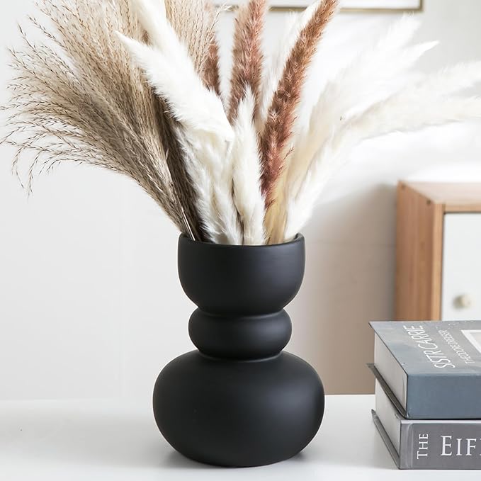 Black Ceramic Vase, Modern Dried Flower Vase, Matte Black Pampas Flower Vases, Boho Home Decor for Centerpiece Wedding Dinner Table Party Living Room Office Bedroom, Housewarming Gift