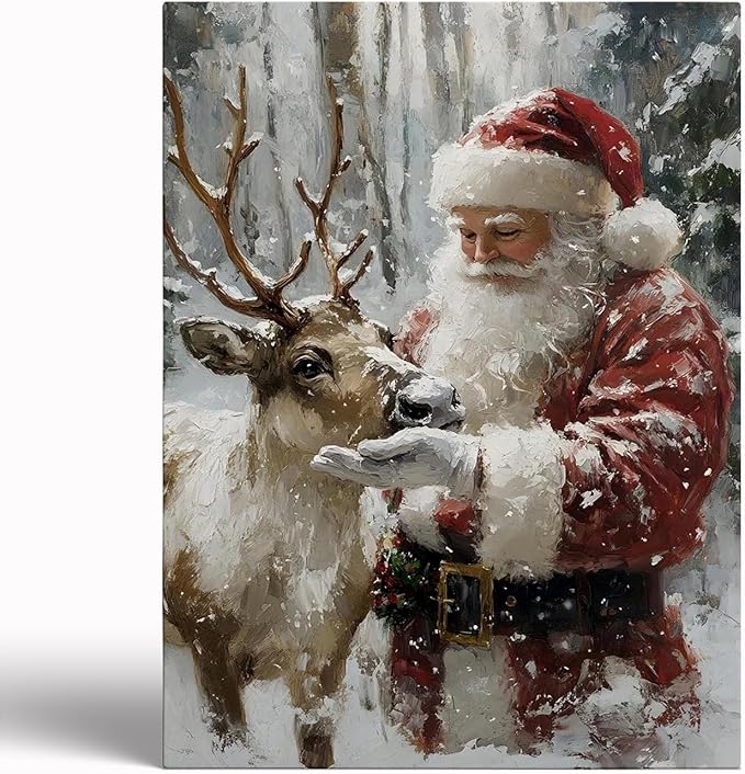 Santa With Reindeer Wall Art Prints,Vintage Christmas Santa Reindeer Print,Rustic Holiday Winter Cottagecore Decor