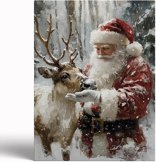 Santa With Reindeer Wall Art Prints,Vintage Christmas Santa Reindeer Print,Rustic Holiday Winter Cottagecore Decor