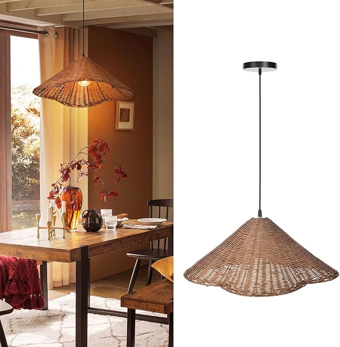 Arturesthome 1 Light Vintage Wicker Pendant Lighting for Kitchen Island,19.6" Handmade Pendant Ceiling Light for Kitchen Island Office Home Decor Coffee