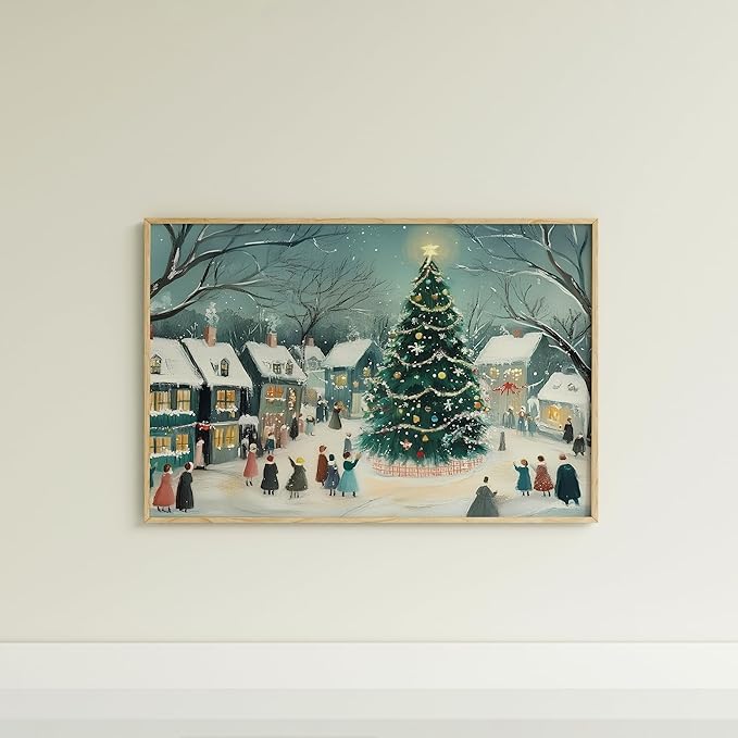 OZCONO Christmas Tree Village Art for Holiday Home Decor, Snowy Winter Town Scene Wall Art, Festive Christmas Gathering Artwork, Cozy Seasonal Winter Interior Decoration (Unframed) (24x36)