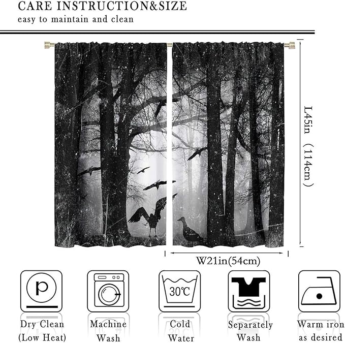 Gothic Forest Blackout Window Curtains, Halloween Style Foggy Forest Dead Trees Crow Print Curtains, for Bedroom Living Room 21(W)*45(L) 2 Panels
