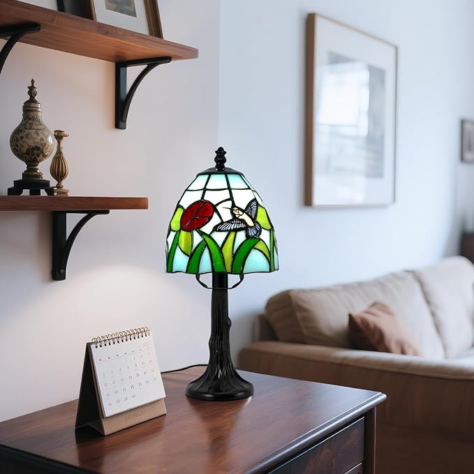 Tiffany Style Table Lamp - 6 Inch Stained Glass Table Lamps with Hummingbird & Flower, Vintage Tiffany Style Bedside Lamp, Small Desk Light with LED Bulb for Home Decor Ideal Gifts for Family Friends
