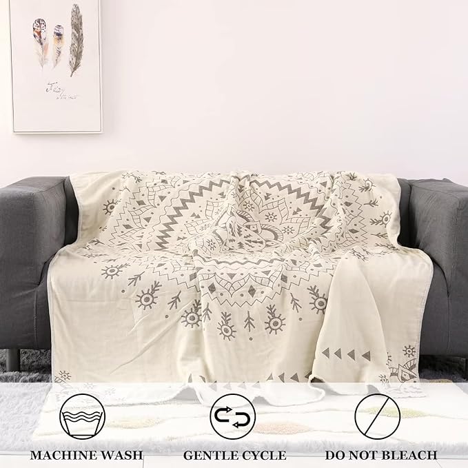 Boho Throw Blanket for Bed 100% Cotton Ultra Soft Rustic Quilt Fall Blanket Geometric Mandela Printed Farmhouse Decor Bed Blankets,80"×90" All Season Rustic Throw for Sofa Couch Chair