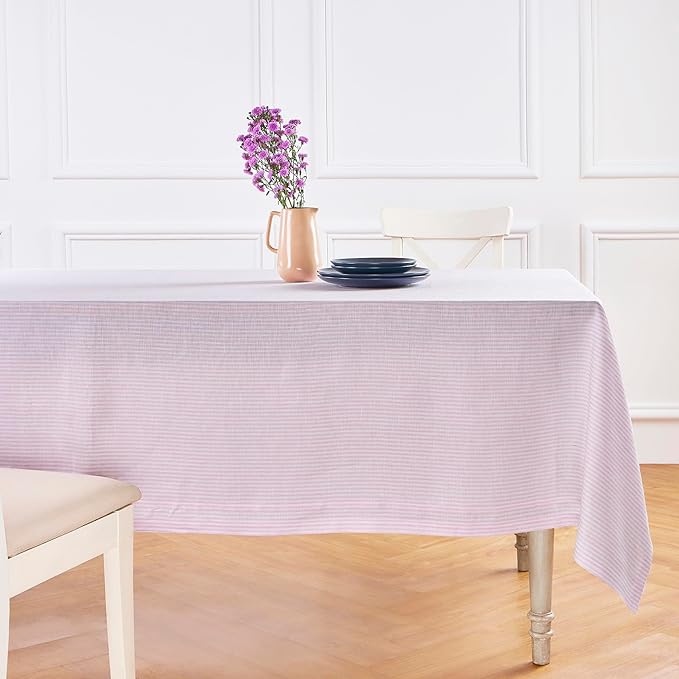 Solino Home Linen Striped Tablecloth 60 x 132 Inch - 100% Pure Linen Pink and White Table Cloth for Rectangle Tables - Narrow Stripe, Machine Washable Tablecloth
