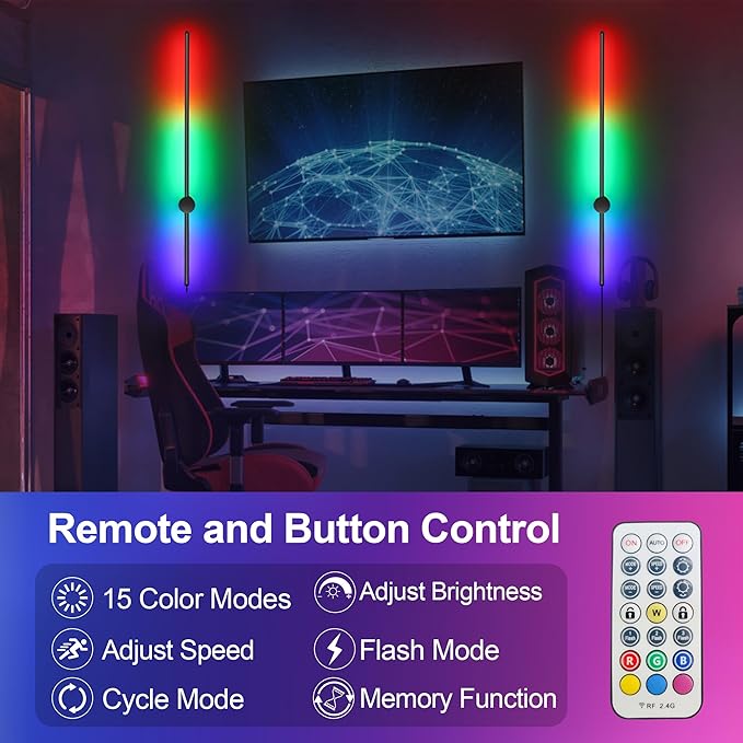 RGB LED Wall Sconces Set of Two with Remote, 15 Color Modes, Dimming, DIY 180° Rotate, Black Plug in Wall Sconces with Warm Light, Dynamic Multicolor Ambience Lights, Plug in Wall Light, 39.4 Inches