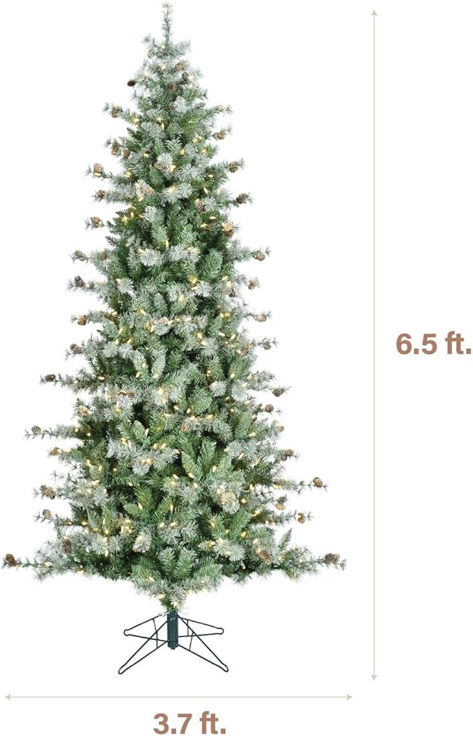 Fraser Hill Farm 6.5-Feet Pre-Lit Buffalo Fir Green Slim Artificial Christmas Tree with Warm White LED String Lights, Realistic Foliage, Lightly Flocked with Pinecones, Stand Included