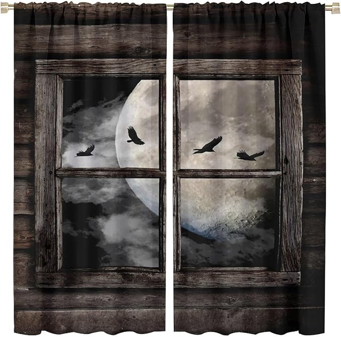 Gothic Halloween Blackout Window Curtains, Black Birds Crow Dark Print Window Drapes, for Home Kids Boys Bedroom Living Room 26(W)*84(L) 2 Panels