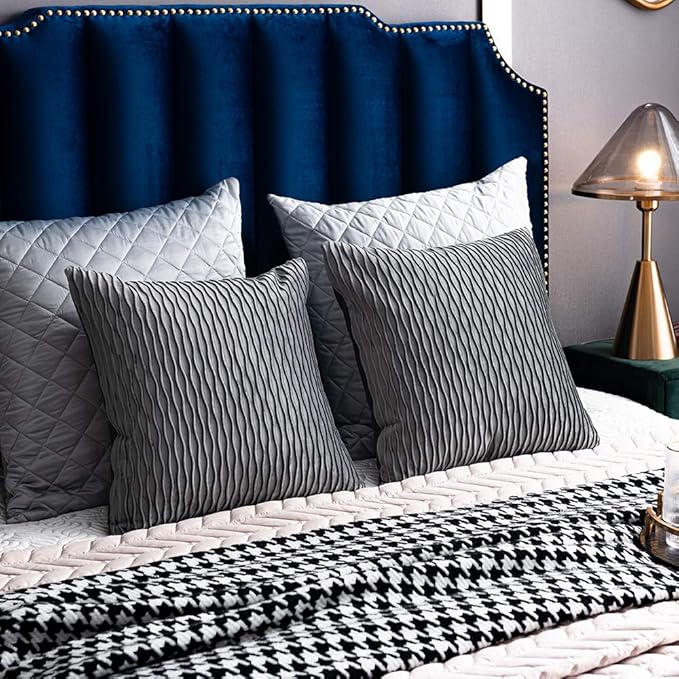 Grey Striped Decorative Pillow Cases: 2 Pack 16x16 Inch Original Velvet Square Throw Pillow Covers for Farmhouse Couch