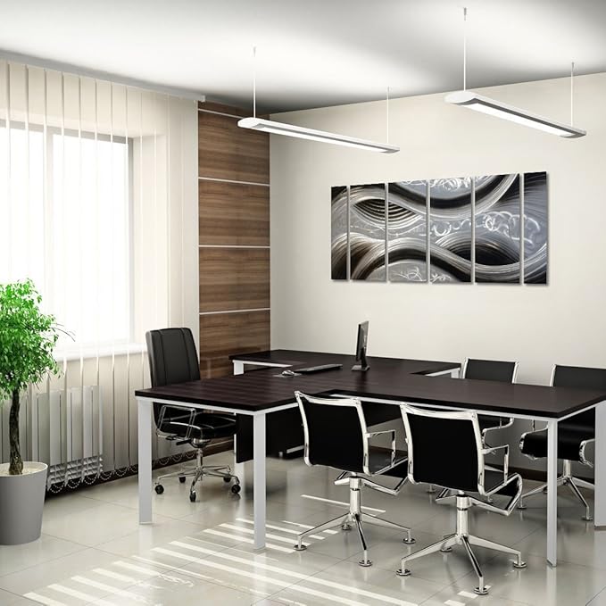 Handcrafted Abstract Metal Wall Art with Soft Color, Large Scale Decor in Black Line Design, 3D Artwork for Indoor Outdoor Wall Decorations, 6-Panels Metal Art Measure 24"x 65"