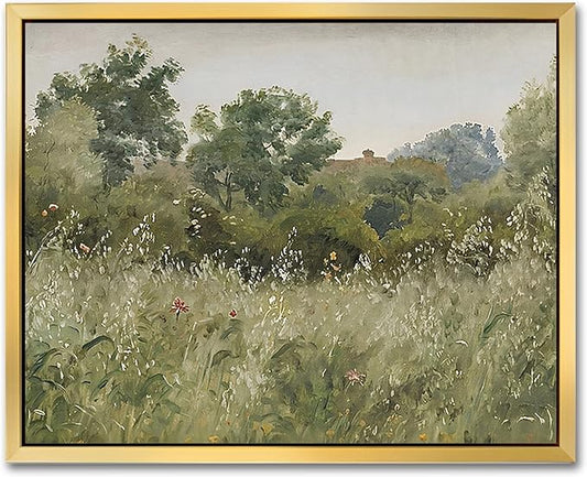 AIMAILON Vintage Gold Canvas Wall Art Framed Decor Retro Rural Scenery Spring Grassland Nature Theme Print Artwork Tranquil Rustic Outskirt Wildflower Landscape Classical Decoration 8x10