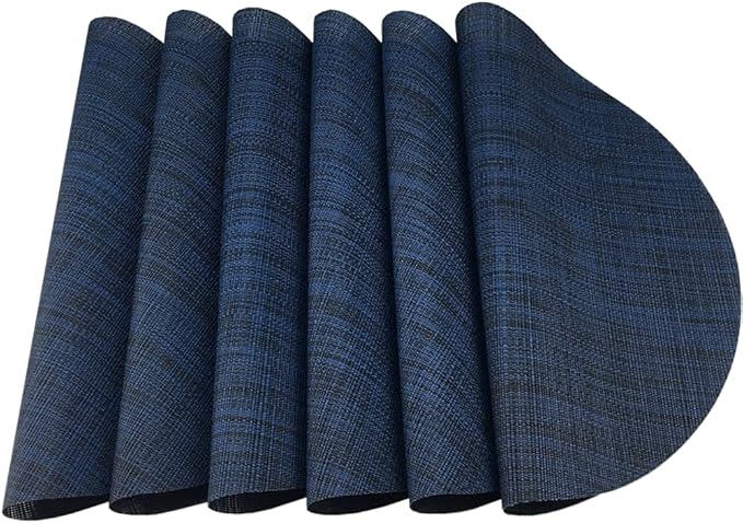 WAZAIGUR Round Placemats Set of 6 Woven Vinyl Easy to Clean Heat Resistant Kitchen Table Mats 15 Inch(Navy Blue 6)