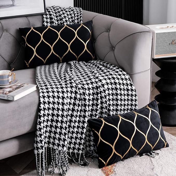 12x20 Inch Gold Velvet Throw Pillow Covers: 2 Pack Rectangular Decorative Pillow Cases for Bedroom Sofa Couch Living Room, Black