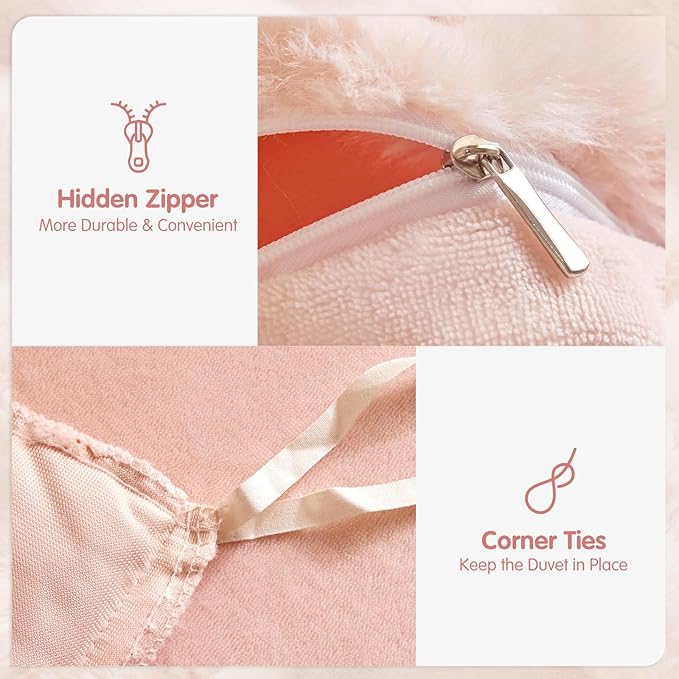 Tokokimo Fluffy Fleece King Size Duvet Cover Set, Ultra Soft Reversible Heavyweight Bedding Set, Extra Warm Winter Duvet Cover Set with 2 Pillow Cases, All Season Fuzzy Comforter Cover Set, Pink