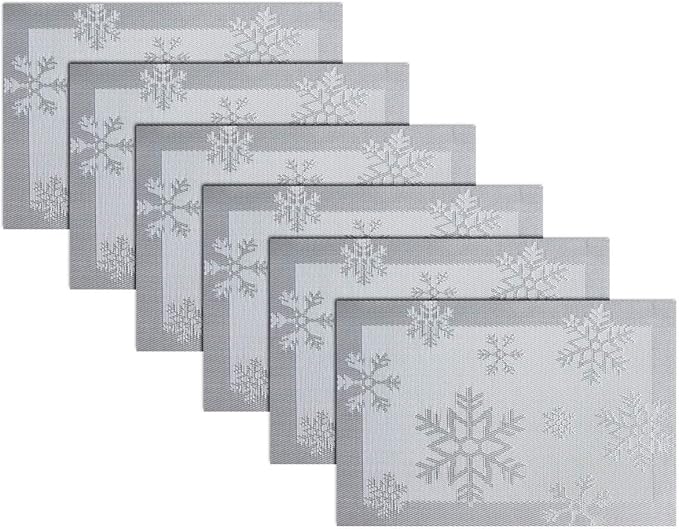 PIGCHCY Christmas Placemats Snowflake Woven Heat Resistant Placemats Washable Easy to Clean Table Mats for Dining Room and Decor(Set of 6, Silver)