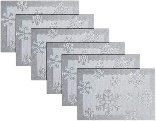 PIGCHCY Christmas Placemats Snowflake Woven Heat Resistant Placemats Washable Easy to Clean Table Mats for Dining Room and Decor(Set of 6, Silver)