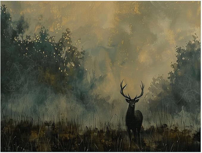 Antique Deer Wall Art Prints,Rustic Deer Painting,Vintage Woodl and Wildlife Poster,Landscape Painting Cabin Decor,Hunting Print