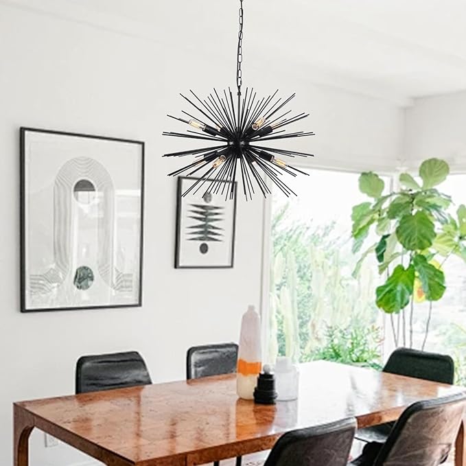 24.21" Black Sputnik Chandelier Vintage Geometric Starburst Chandelier Light Fixture Modern Solid Metal Firework Chandeliers for Dining Room, Kitchen Island, Bedroom, Living Room, E12