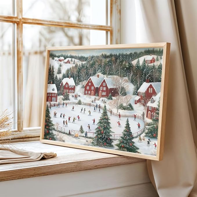 OZCONO Snowy Christmas Village Wall Art for Holiday Decor, Nordic Winter Town Scene with Ice Skating, Vintage Seasonal Artwork, Xmas Festive Cabin Landscape Accent (Unframed) (12x18)