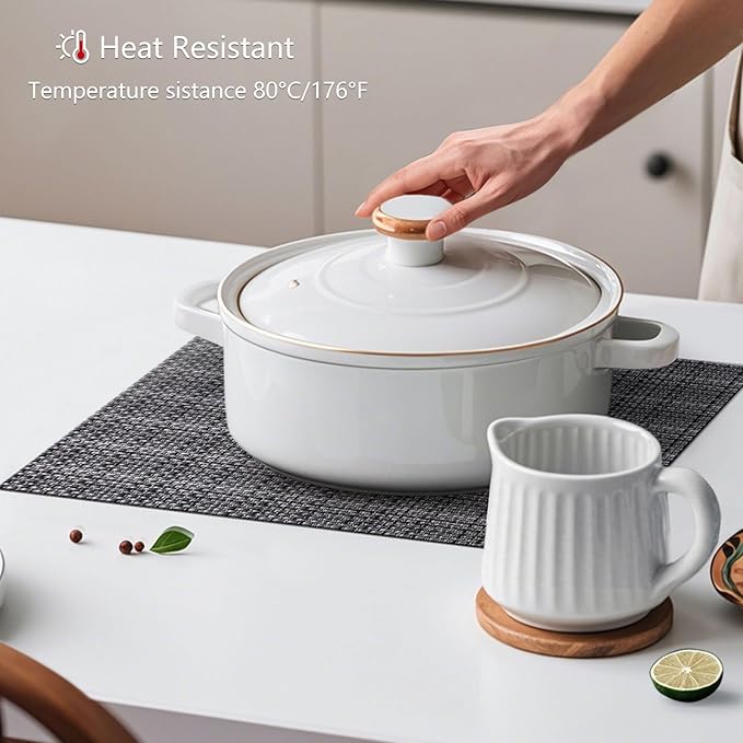 AHHFSMEI Placemats for Dining Table Set of 4 Woven Vinyl Plastic Place Mats Non-Slip Heat Insulation Stain Resistant Table Mats Washable Easy Clean Placemats (Linen Black 4)