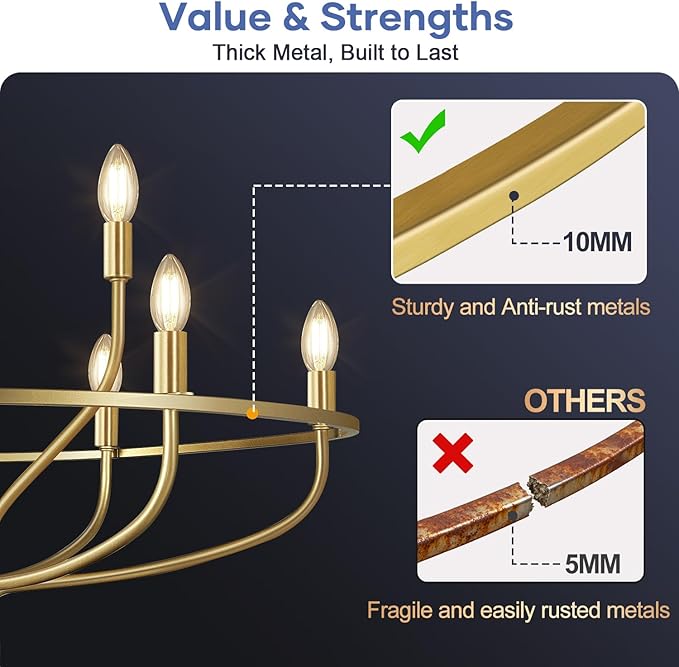 30" Gold Chandelier, 9-Light Modern Farmhouse Chandelier for Dining Room Lighting Fixtures Hanging, Candle Chandelier Light for Living Room, Kitchen Island, Bedroom and Entryway (Bulbs Not Included)