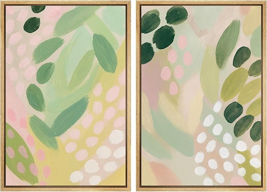 SIGNWIN Framed Canvas Print Wall Art Set Pastel Garden Rhythm Abstract Green and Pink Brushstroke Botanical Zen Bohemian for Living Room, Bedroom, Office - 24"x36"x2 NATURAL