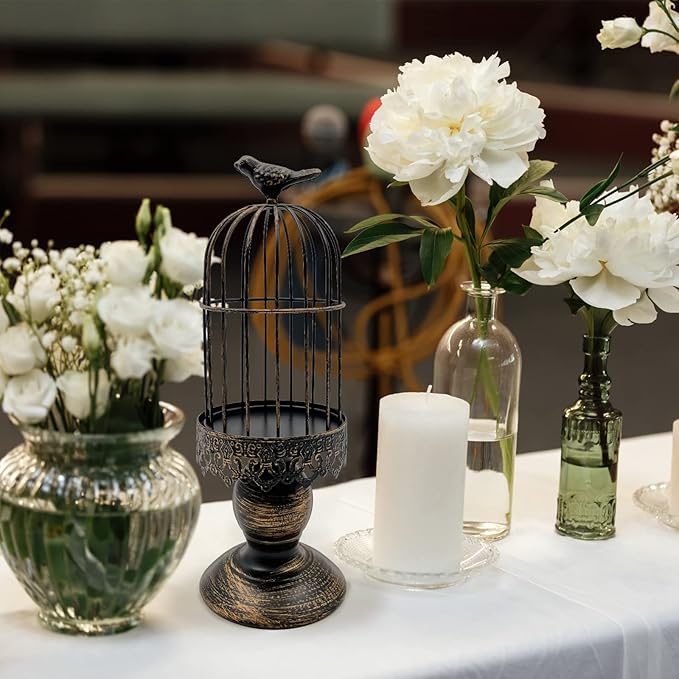 Retro Shabby Candle Holder, Decorative Birdcage Candle Holder Vintage Metal Candlestick for Wedding,Party Vintage Gothic Decor,Victoriana Decor,Home Decor Black 11.8 Inch