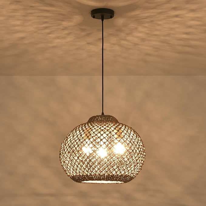 17IN Rustic Farmhouse Pendant Lights, 3-Lights Boho Rattan Hand-Woven Hanging Light Fixture, Natural Seagrass Weaving Ceiling Chandelier for Kitchen Island Entry Living Room Dining Room Bedroom