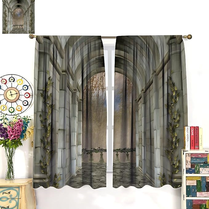 Abstract Mid Century Gothic Arch Blackout Curtains, Vintage Watercolor Forest Old Western Architecture Window Drapes, for Living Room Bedroom 42(W)*84(L) 2 Panels
