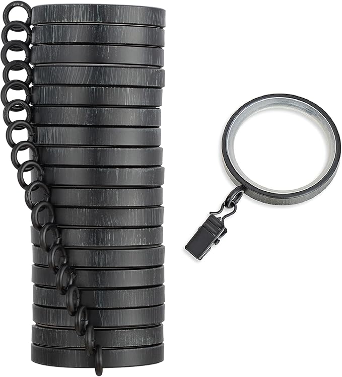 MODE Cambria Designer Series - Premium Easy Glide 18 Count Curtain Rings - Metal with Smooth, Quiet Nylon Inserts with Clips - 2 inch Diameter (1-5/8 inch Inside Diameter) - Weathered Black