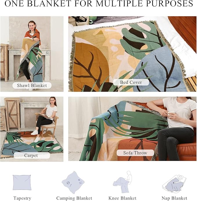 Double-Sided Cotton Woven Throw Blanket with Tassel Jungle Bohemian Style Tapestry Shawl Multi-Function Decorative Throws for Sofa Bed Armchair Camping Blanket Tablecloth Carpet 160x130cm