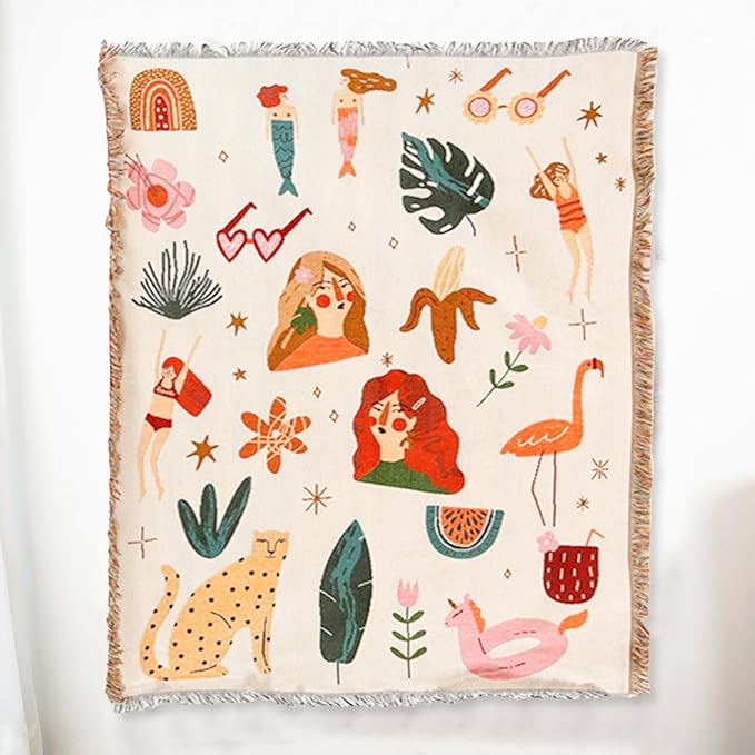 Double-Sided Cotton Woven Throw Blanket with Tassel Jungle Bohemian Style Tapestry Shawl Multi-Function Decorative Throws for Sofa Bed Armchair Camping Blanket Tablecloth Carpet 160x130cm