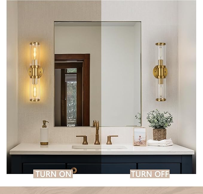 17.5 inch Gold Wall Sconces, Modern Wall Sconces Lighting with Clear Glass Shade, 2-Light Gold Vanity Light Wall Lamp for Mirror Bathroom Kitchen Living Room