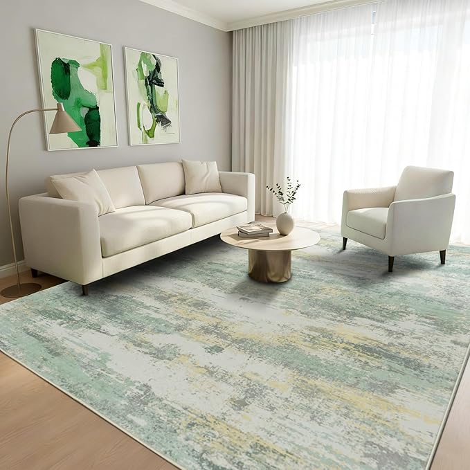 Rugflix 5x7 Area Rugs for Living Room, Washable Large Rug Stain-Resistant Low Pile, Modern Carpet for Dining Room Home Office Kid Room Nursery Bedroom, Light Green
