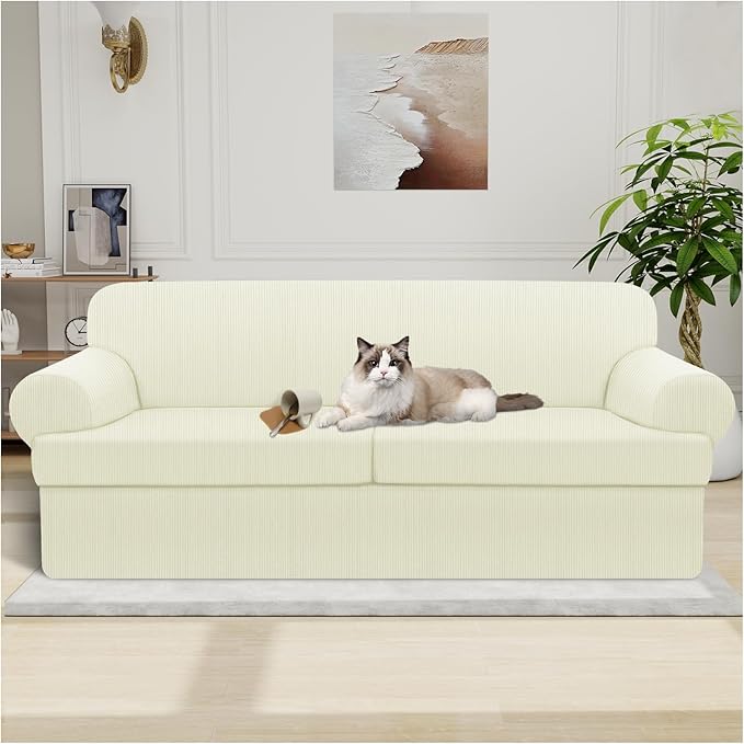 Waterproof Couch Cover 3-Piece Set Striped Sofa Slipcovers for 2 Separate T Cushion Couch - TPU Fabric Sofa Covers Leakproof Couch Protector for Kids, Pets(2 Cushion Sofa, Ivory)
