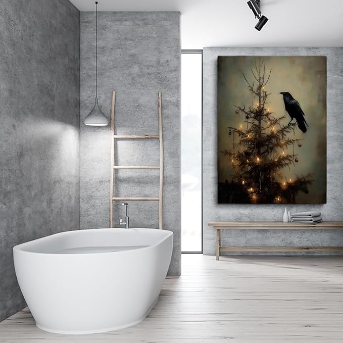 Raven on Christmas Tree Wall Art,Gothic Crow,Dark Academia,Wildlife Painting,Dark Christmas Tree Branch for Cottagecore Farmhouse Decor