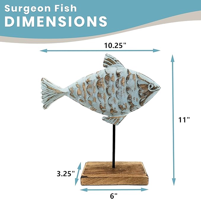 Wooden Fish Sculpture Home Decor | Handmade Surgeon Fish Statue on Stand | Sea Nautical Beach House Decor Art Piece | Rustic Centerpiece Table Decor for Office, Living Room (Surgeon Fish)