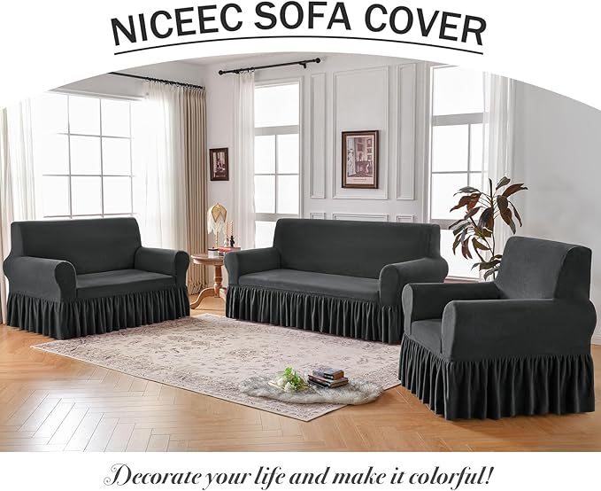 NICEEC Loveseat Cover Thick Plush 1-Piece Warm Grey Slipcover for Loveseats Stretch Fluffy Couch Covers for Living Room Easy Fit Washable Soft Furniture Sofa Protector with Skirt