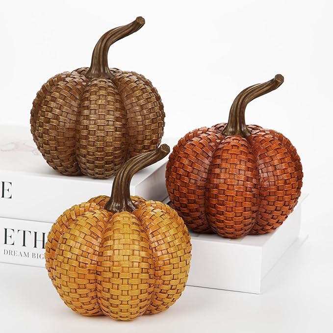 Hollyone Fall Pumpkins Decor, 3PCS Rattan Resin Pumpkins for Decorating Figurines Decorative Pumpkin for Home Autumn Harvest Thanksgiving Halloween Party Wedding Table Centerpiece Indoor Decor