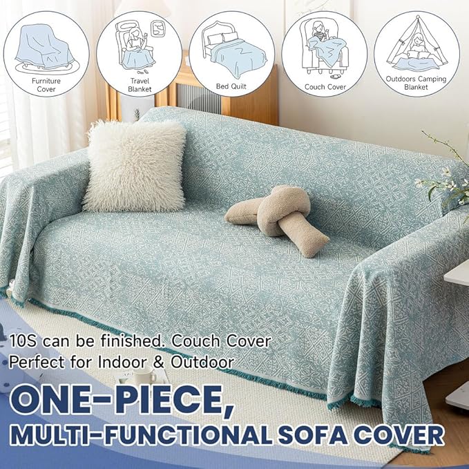 ROOMLIFE Blue Couch Cover Boho Sofa Covers for 3 Cushion Couch Washable, Furniture Protector Sofa Couch Cover for Dogs, Soft Breathable Sofa Slipcover, Couch Throw Blankets with Tassels 71''X150''