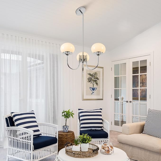 BOKT Modern Sputnik Chandelier 3 Light Glass Globes Silver Chandelier Light Fixture White and Chrome Pendant Lights Vintage Hanging Chandeliers for Kitchen Island Dining Room
