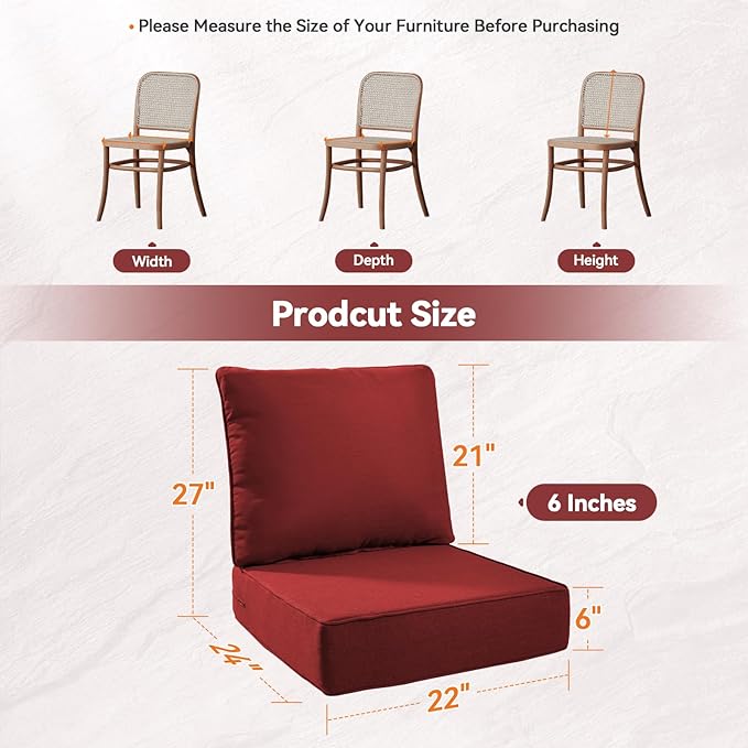6" Thick Outdoor Cushions 22x24x6, 1-Set Deep Seat Patio Cushions with Removable Cover, Waterproof & Fade Resistant Replacement for Wicker Chair, Loveseat, Sofa - Red