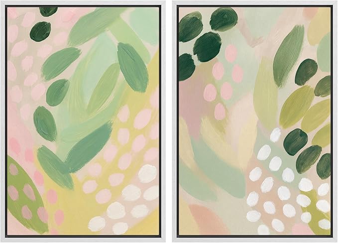 SIGNWIN Framed Canvas Print Wall Art Set Pastel Garden Rhythm Abstract Green and Pink Brushstroke Botanical Zen Bohemian for Living Room, Bedroom, Office - 16"x24"x2 WHITE